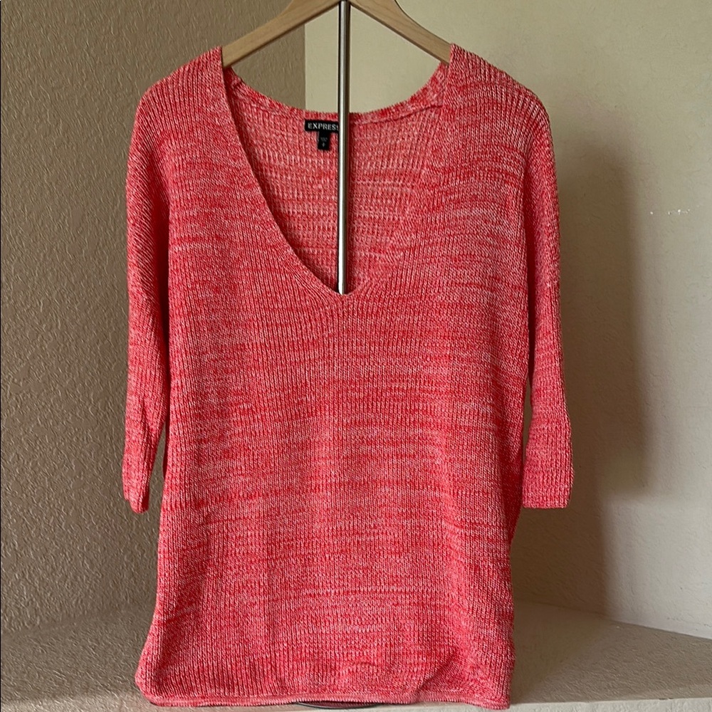 press Pink/Coral Marled Knit Deep V-Neck Sweater - Size S